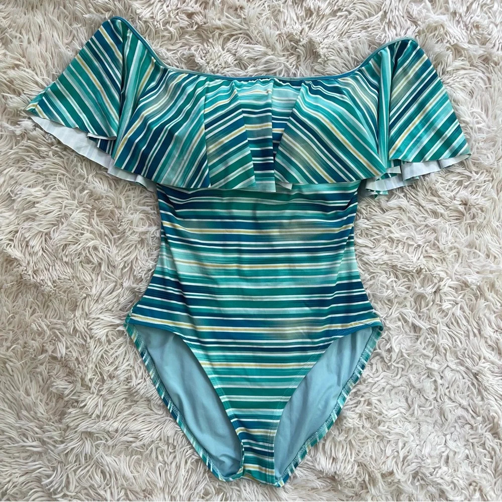 Vince Camuto Mediterranean Sea Stripe Ruffle Off-The-Shoulder One-Piece Azure 12 - Picture 2 of 8
